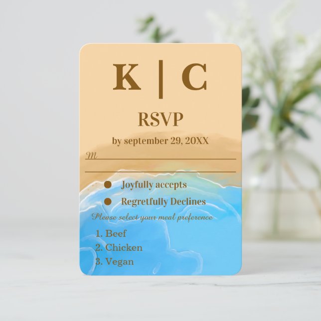 Carte de réponse de mariage à l'aquarelle de plage (Debout devant)
