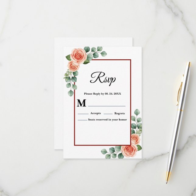 Carte de réponse de mariage à l'aquarelle rose pêc (Devant/Arrière en situation)