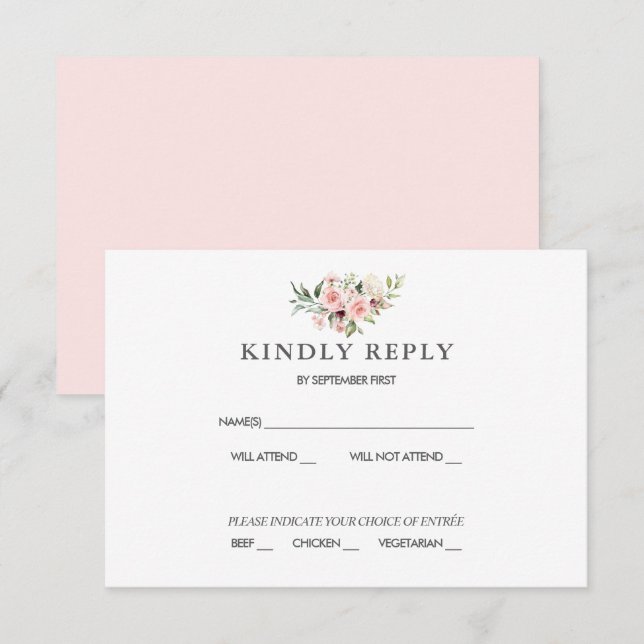 Carte de réponse de mariage à l'aquarelle rose ros (Devant / Derrière)