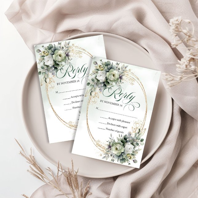 Carte de réponse de mariage à l'aquarelle Vert Or (Green Gold Watercolor Wedding RSVP Card)