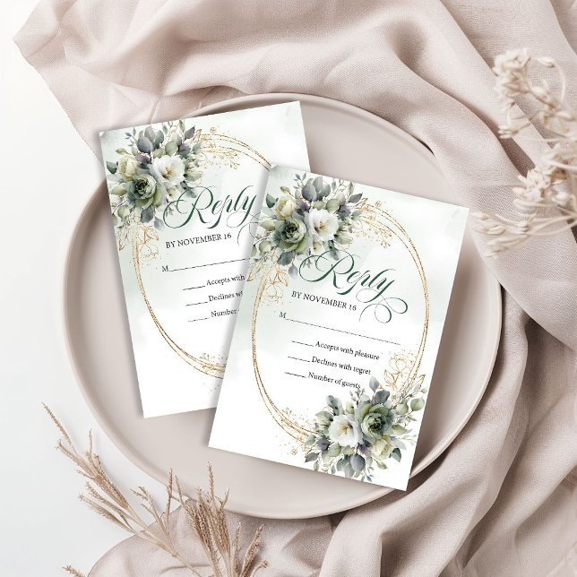 Carte de réponse de mariage à l'aquarelle verte et (Watercolor Greenery Gold Wedding RSVP Card)