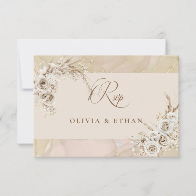 Carte de réponse de mariage à l'arche florale bohè (Devant)