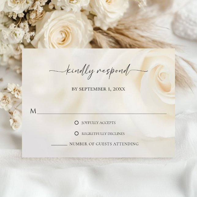 Carte de réponse de mariage à l'écriture élégante  (White Rose Elegant Script Wedding Response Card)