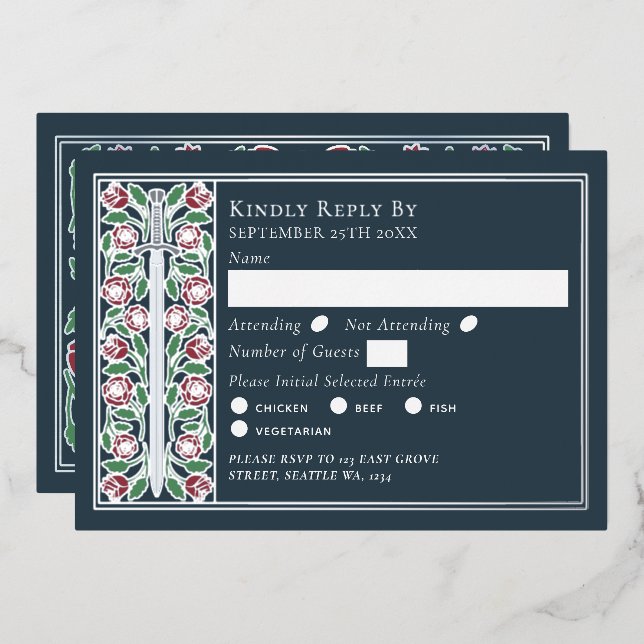 Carte de réponse de mariage à l'épée florale médié (Recto/Verso)