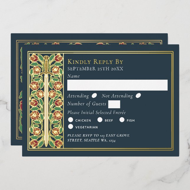 Carte de réponse de mariage à l'épée florale médié (Recto/Verso)