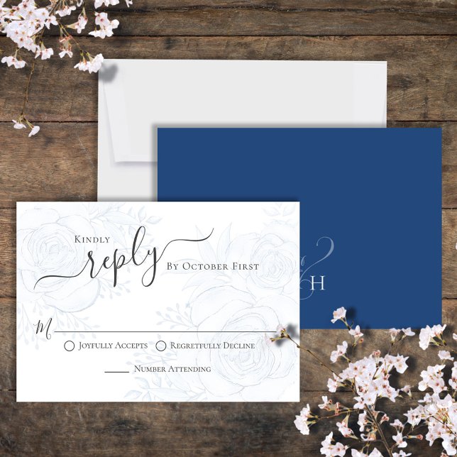 Carte de réponse de mariage à l'esperluette en cal (Classic blue floral reply RSVP card with monogram ampersand backside. )