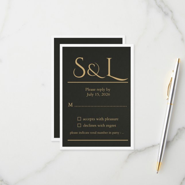Carte de réponse de mariage à monogramme Dark Luxe (Devant/Arrière en situation)