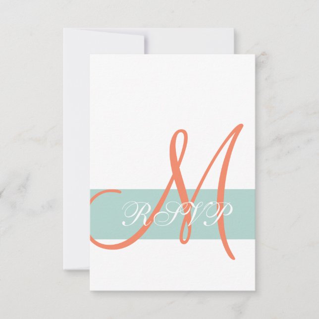 Carte de réponse de mariage à monogramme vert ment (Devant)