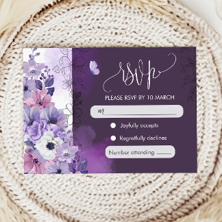 Carte de réponse de mariage à motif floral violet