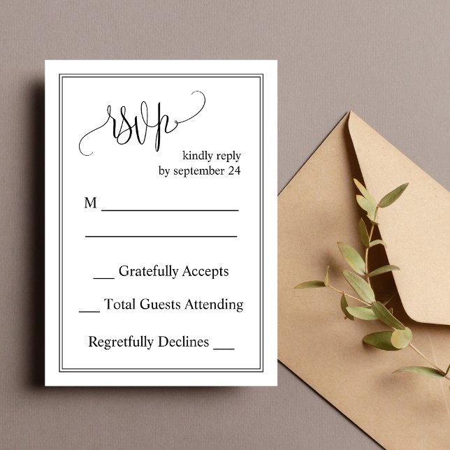 Carte de réponse de mariage à script classique noi (Black and white script RSVP card keeps responses simple with timeless style for weddings.)