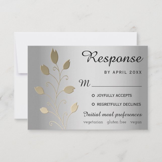 Carte de réponse de mariage argent et or à fleurs  (Devant)