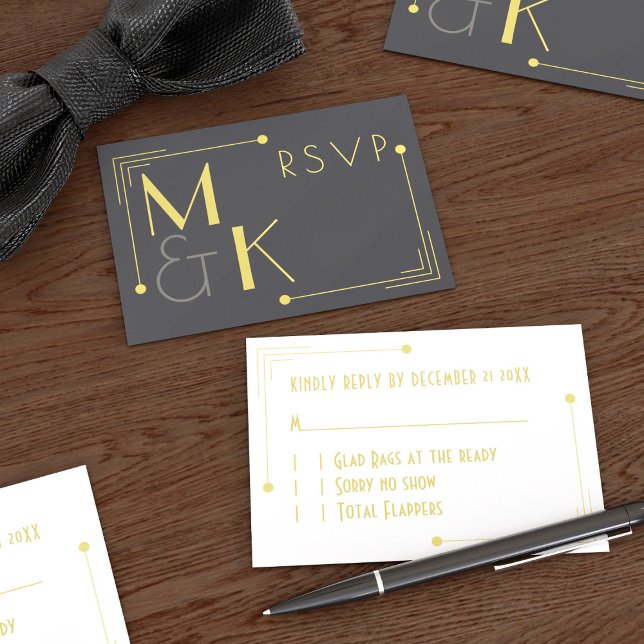 Carte de réponse de mariage Art Déco noir et or de (A 1920s vibe with the RSVP and perfect for your Gatsby Wedding. Just add your details)
