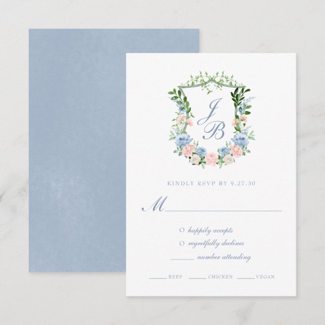 Carte de réponse de mariage au blason floral bleu  (Devant / Derrière)