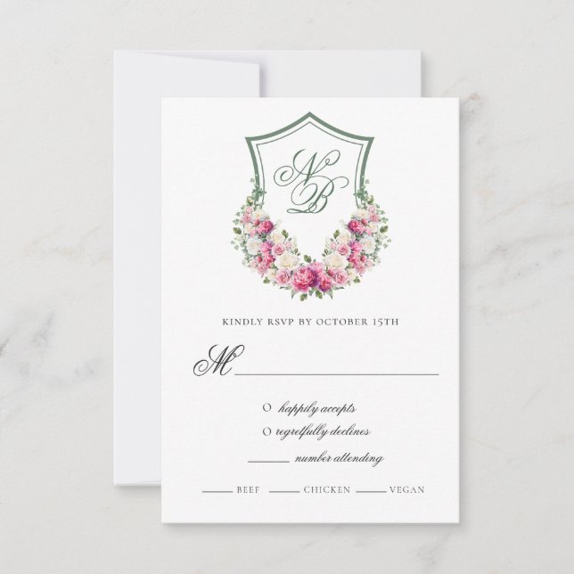 Carte de réponse de mariage au blason floral rose (Devant)