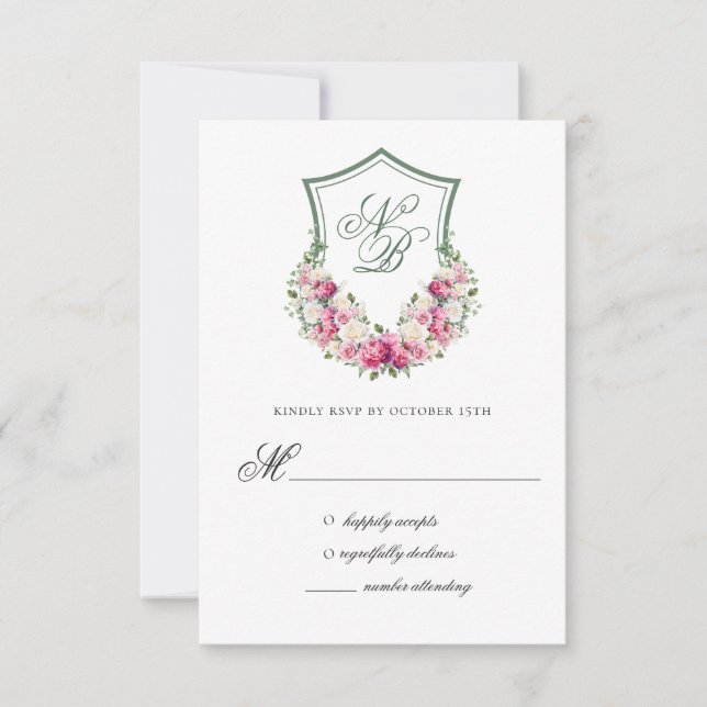 Carte de réponse de mariage au blason floral rose (Devant)