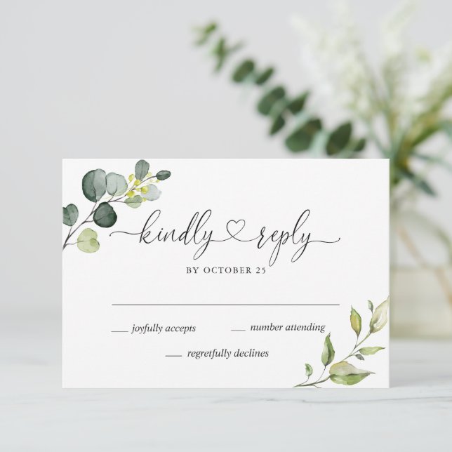 Carte de réponse de mariage au eucalyptus élégant (Debout devant)