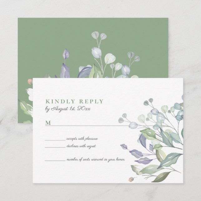 Carte de réponse de mariage au eucalyptus rustique (Devant / Derrière)