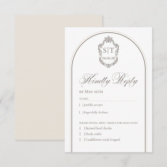 Carte de réponse de mariage au monogramme de crête (Devant / Derrière)