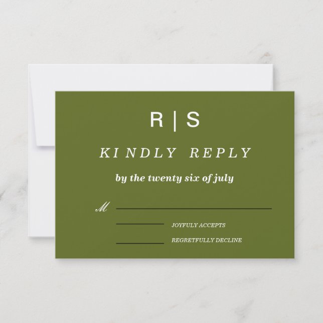 Carte de réponse de mariage au monogramme vert sau (Devant)