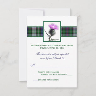 Carte de réponse de mariage au tartan violet vert 