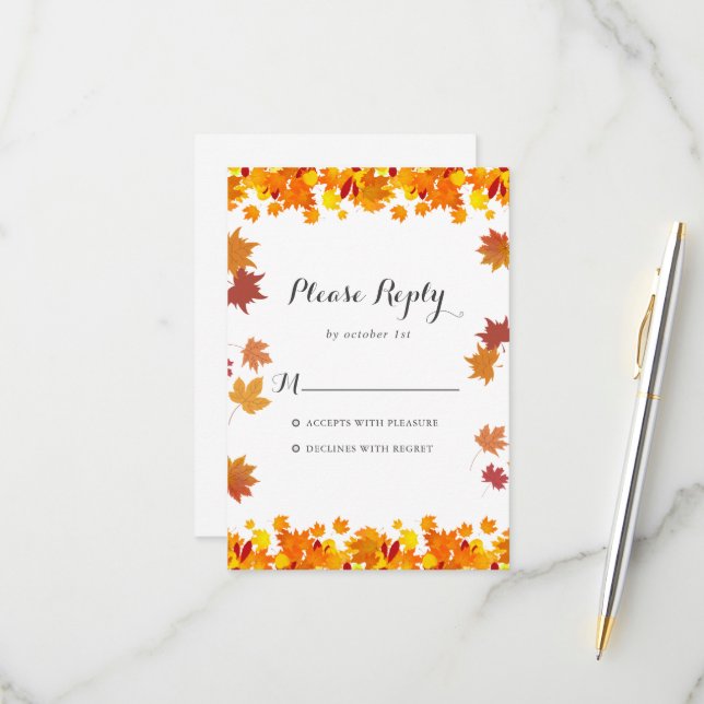 Carte de réponse de mariage aux feuilles d'automne (Devant/Arrière en situation)