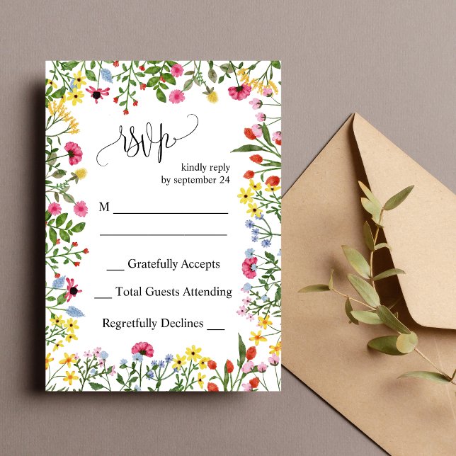 Carte de réponse de mariage aux fleurs sauvages co (Elegant colorful wildflower wedding RSVP card makes guest replies simple with vibrant floral style)