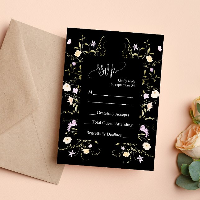 Carte de réponse de mariage aux fleurs sauvages él (Black white elegant wildflower wedding RSVP card helps couples collect replies gracefully.)