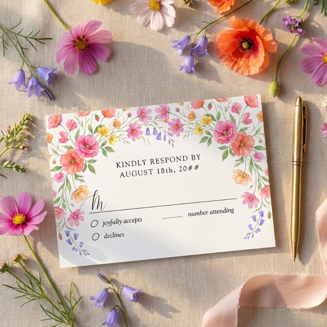 Carte de réponse de mariage aux fleurs sauvages ro (Pretty floral RSVP card from the Wildflower Bloom collection by Darling & May)