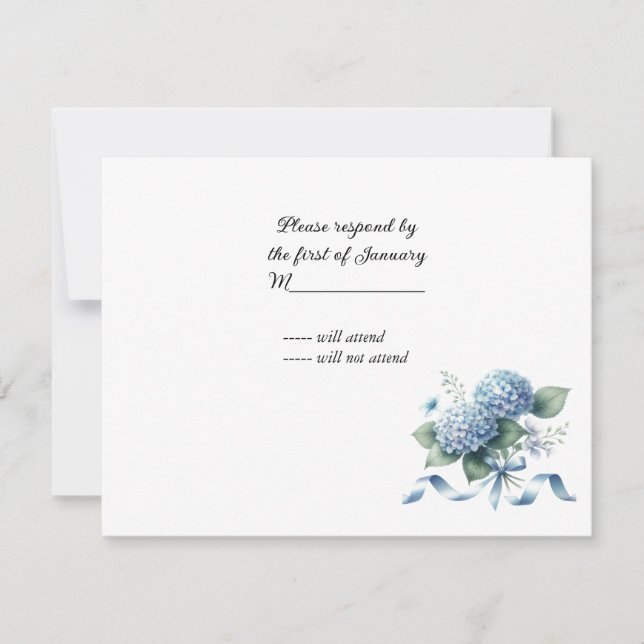 Carte de réponse de mariage aux hortensias bleus d (Devant)