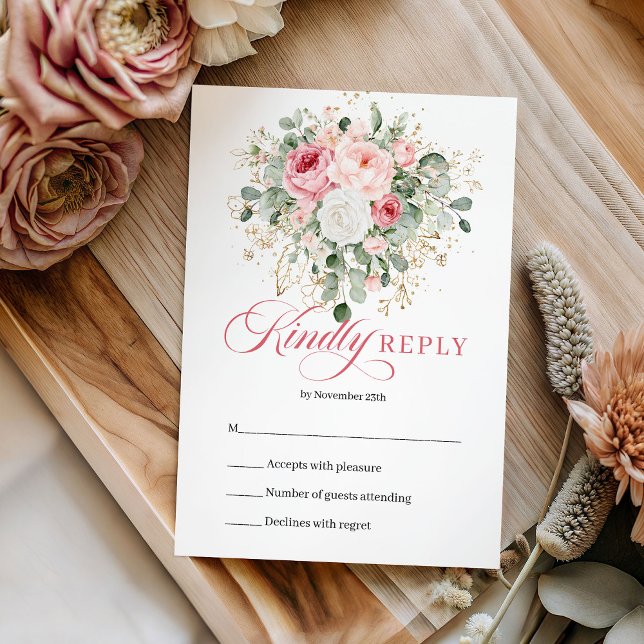 Carte de réponse de mariage aux roses blush et ver (Modern Boho Blush Roses Greenery Wedding RSVP Card

)