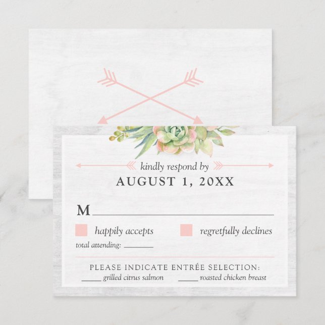 Carte de réponse de mariage aux succulentes aquare (Devant / Derrière)