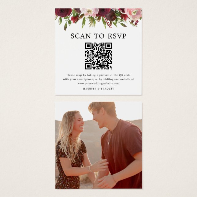 Carte de réponse de mariage avec code QR Burgundy  (Devant & derrière)
