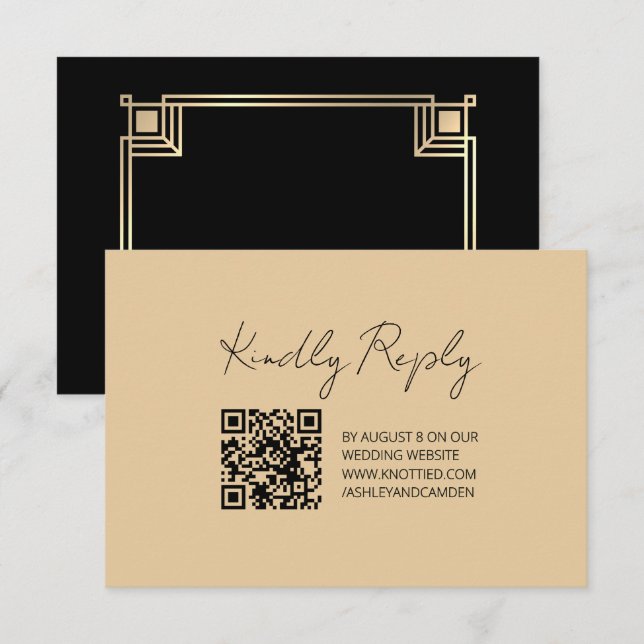 Carte de réponse de mariage avec code QR cadre or  (Devant / Derrière)