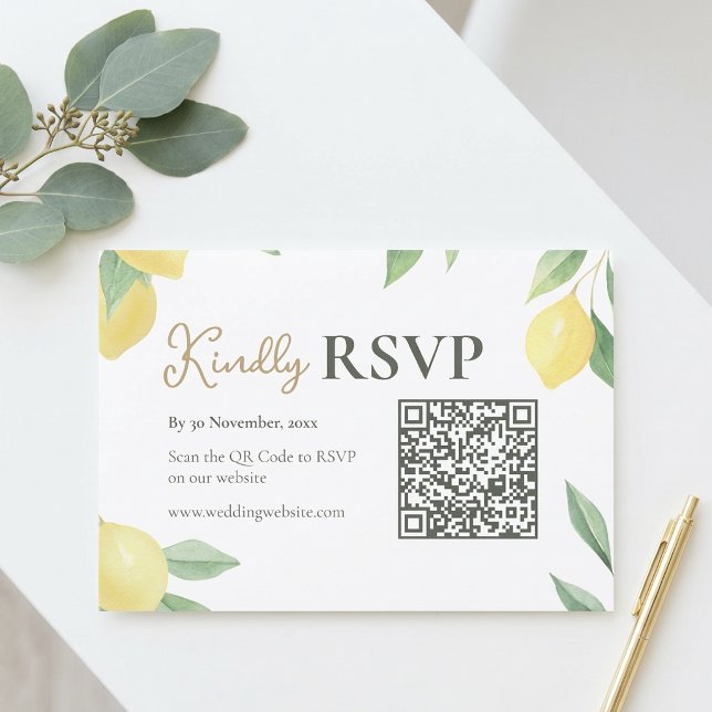 Carte de réponse de mariage avec code QR Citron ci (Lemon Citrus QR Code Wedding RSVP Card)