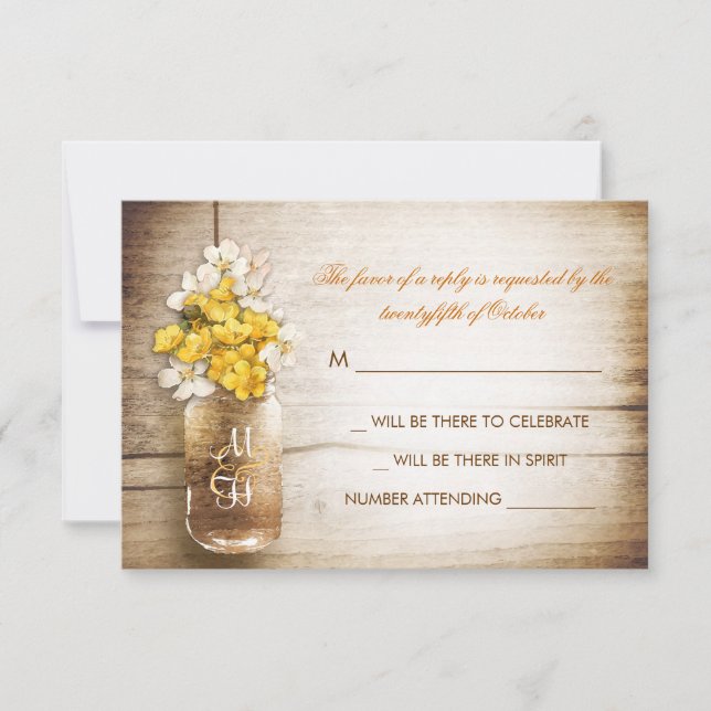 Carte de réponse de mariage avec pot Mason et fleu (Devant)