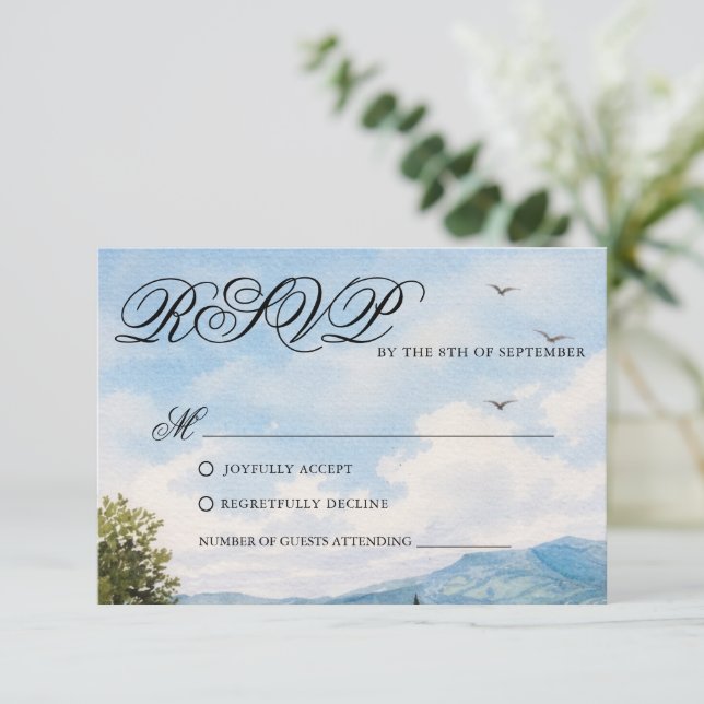 Carte de réponse de mariage avec vue sur la campag (Debout devant)