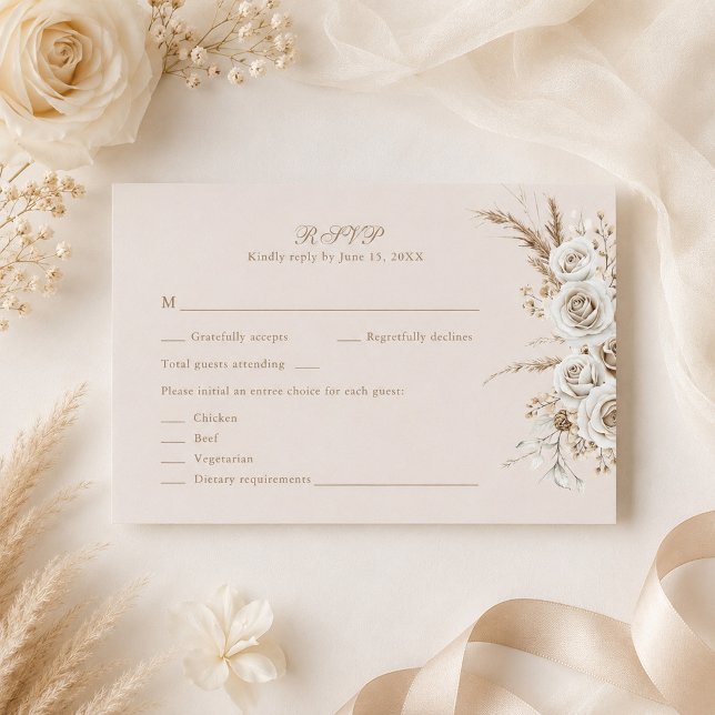 Carte de réponse de mariage beige Roses d'Ivoire (Ivory Roses Beige Wedding RSVP Card with beige wedding decor and flowers)