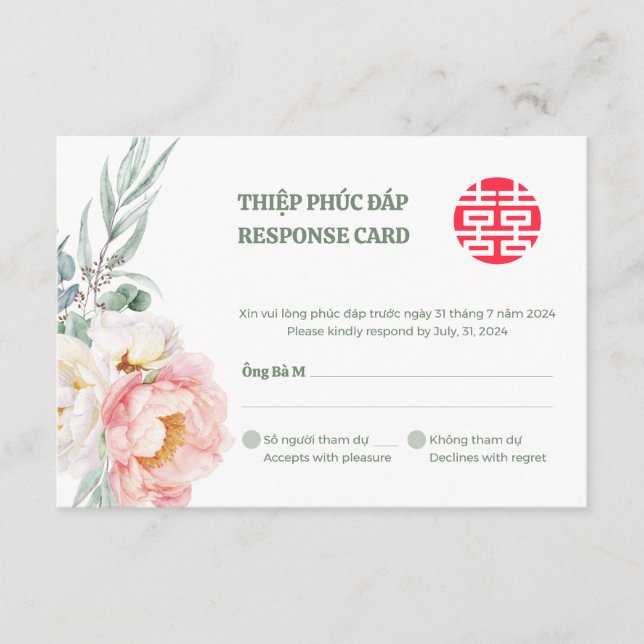 Carte de réponse de mariage bilingue vietnamien Pe (Devant)