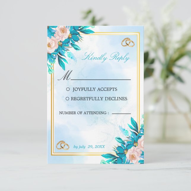 Carte de réponse de mariage bleu royal et or (Debout devant)
