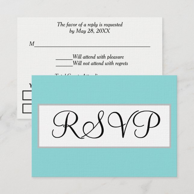Carte de réponse de mariage bleu turquoise argenté (Devant / Derrière)