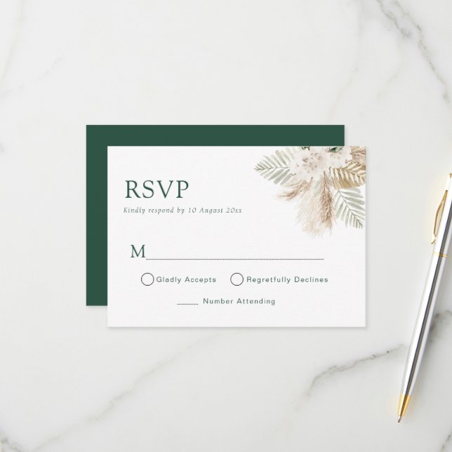 carte de réponse de mariage bohème pampas verdure (Devant/Arrière en situation)
