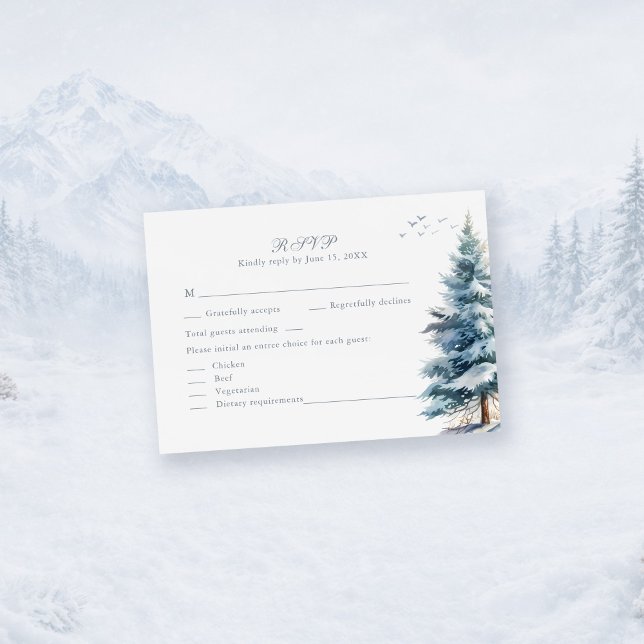 Carte de réponse de mariage Boho Montagne enneigée (Boho Snowy Mountain & Pine Trees Wedding RSVP Card)