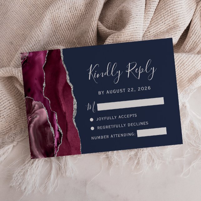 Carte de réponse de mariage bordeaux agate argenté (Créateur téléchargé)