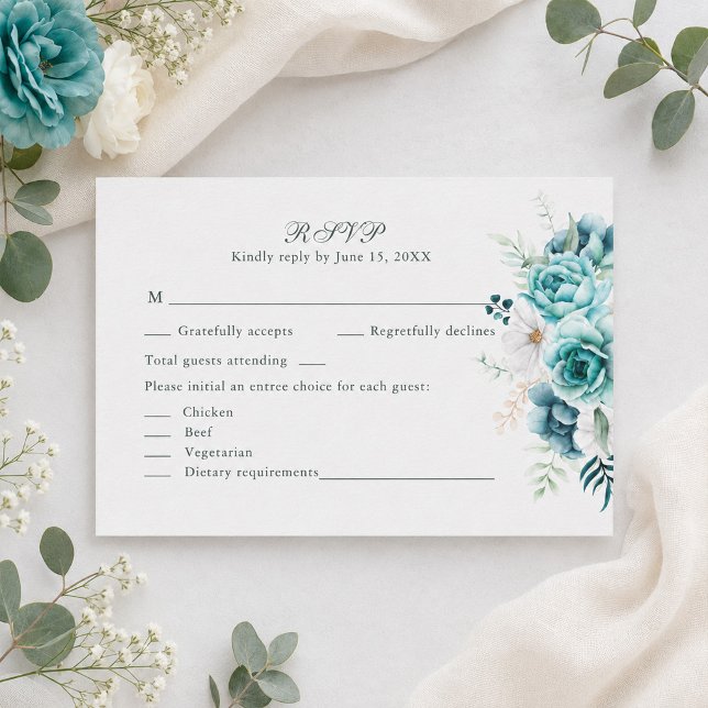 Carte de réponse de mariage botanique à la fleur s (Teal Wildflower Botanical Wedding RSVP Card)