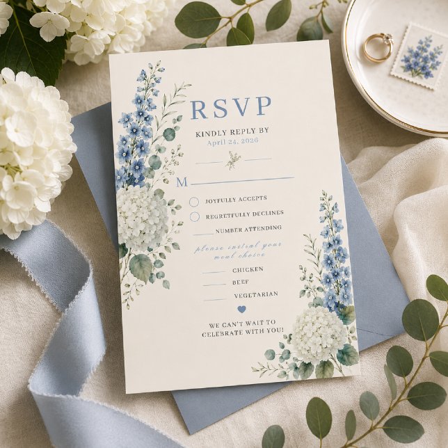 Carte de réponse de mariage botanique bleu doux (Créateur téléchargé)