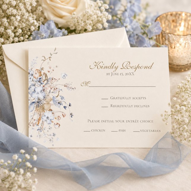 Carte de réponse de mariage botanique bleu poussié (Dusty Blue Botanical Wedding RSVP Card)