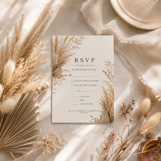Carte de réponse de mariage botanique Pampas neutr (Neutral Pampas RSVP card with elegant botanicals and minimalist boho style.)