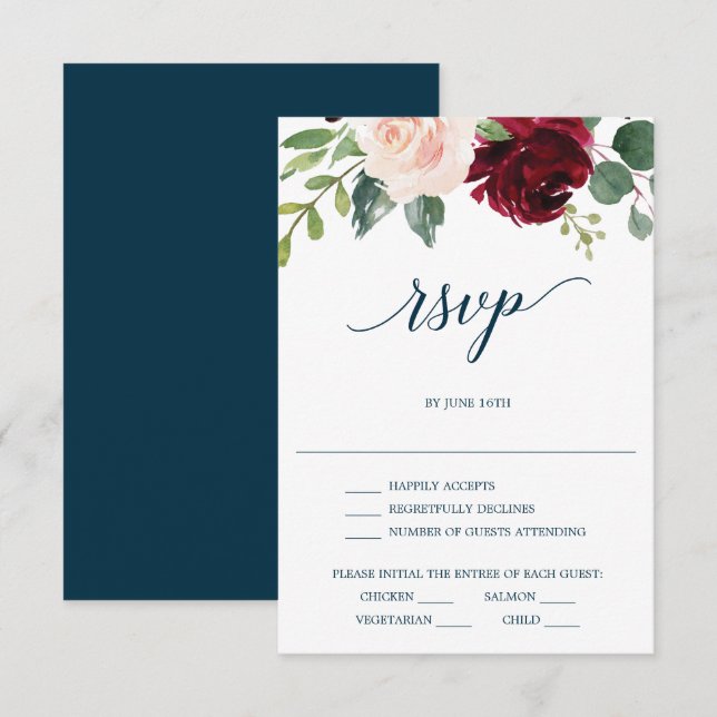 Carte de réponse de mariage Bourgogne Navy (Devant / Derrière)