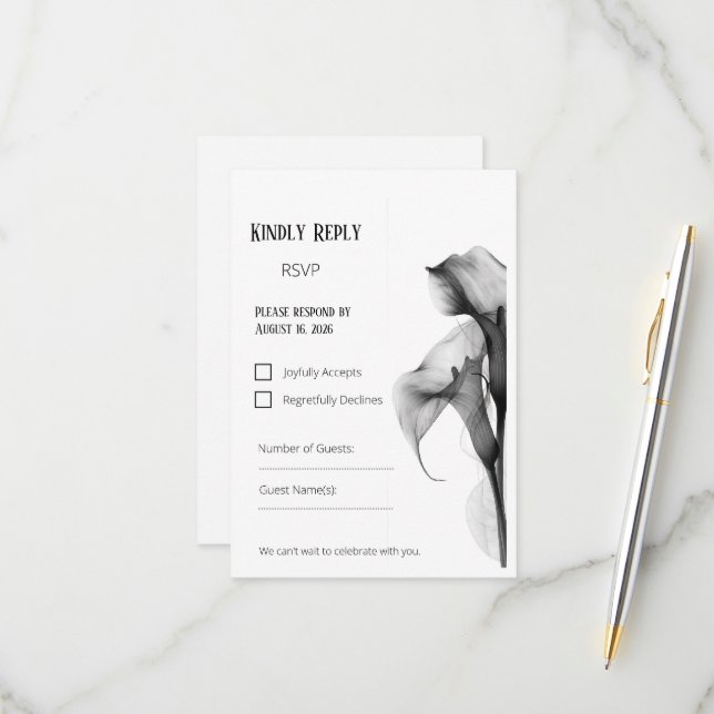 Carte de réponse de mariage calla lily noir et bla (Devant/Arrière en situation)
