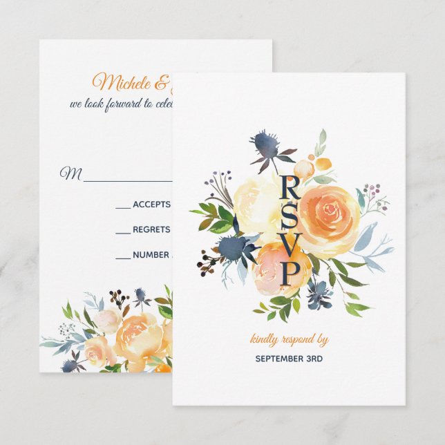 Carte de réponse de mariage corail bleu marine flo (Devant / Derrière)